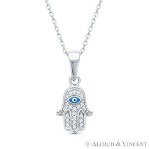 Hamsa Hand & Evil Eye Enamel Bead Pendant w/ CZ Crystals in .925 Sterling Silver